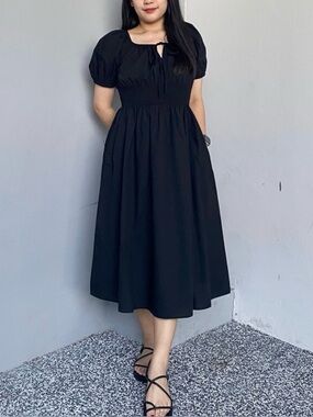 Black Puff Sleeve Babydoll Midi Dress